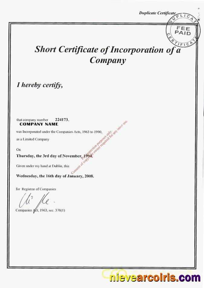 Ireland Certificate of Incorporation